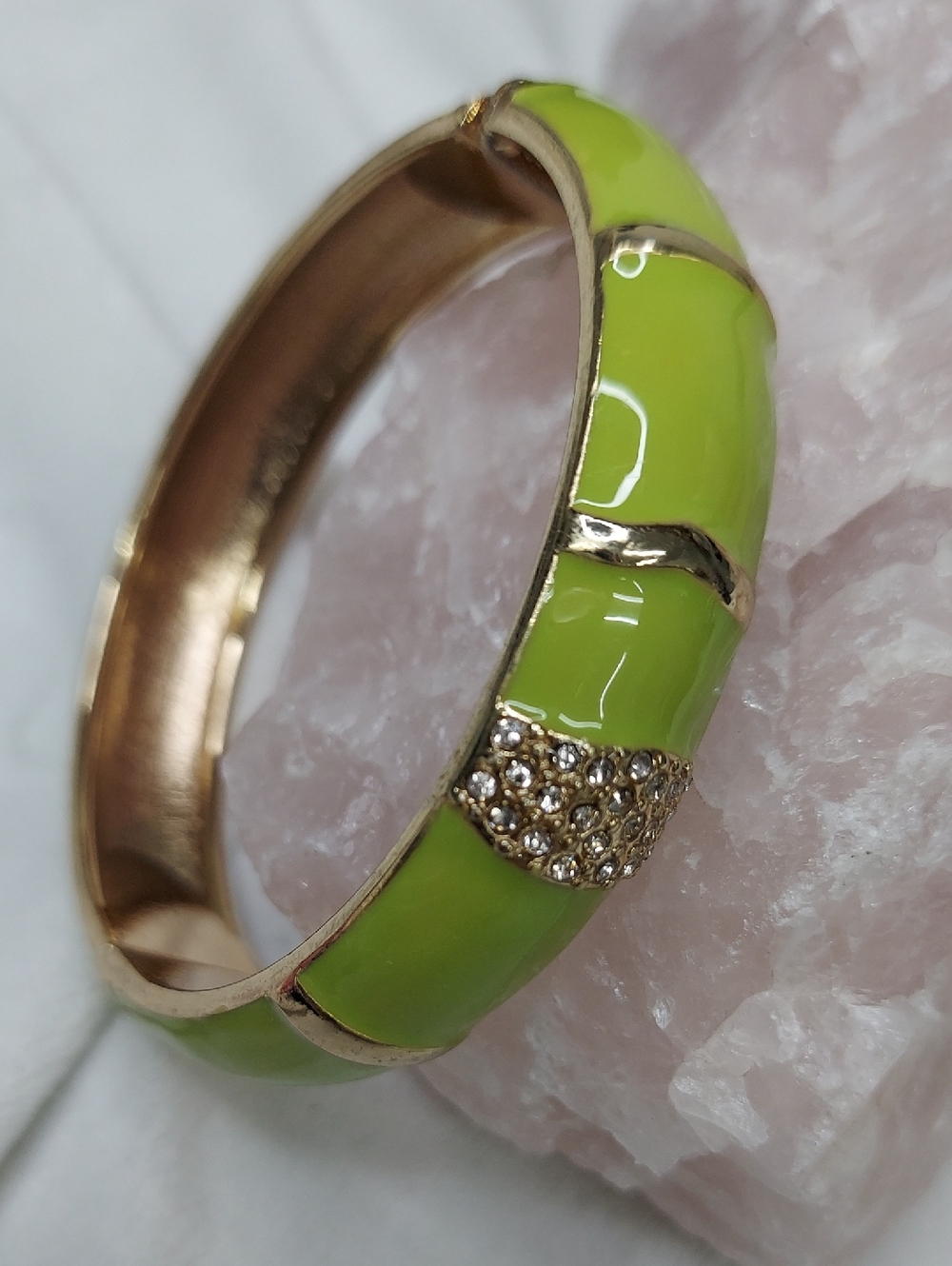 Gold-Tone Lime Green Enamel Bangle Bracelet with Crystal Accent